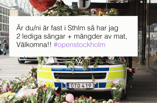 Kollage föreställande polisbil med blommor och twittermeddelande