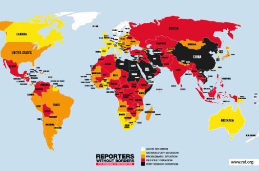 Reportrar utan gränsers karta över pressfriheten i världen 2019. 