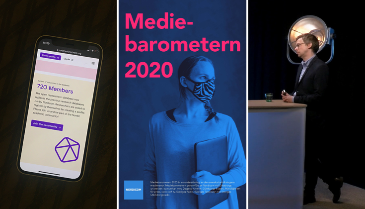 3 bilder: En mobiltelefon som visar NordMedia Network. Omslaget till Mediebarometern 2020. Webbinariet om Mediebarometern 2020.