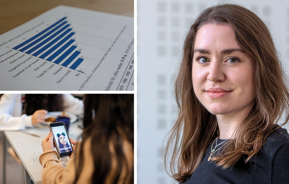 Mediebarometertabell, mobiltelefon och porträttbild av Elisabeth