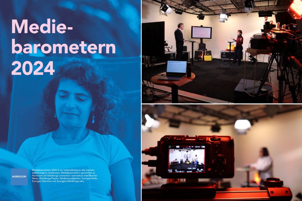 Mediebarometern omslag och två bilder från inspelningen av seminariet 