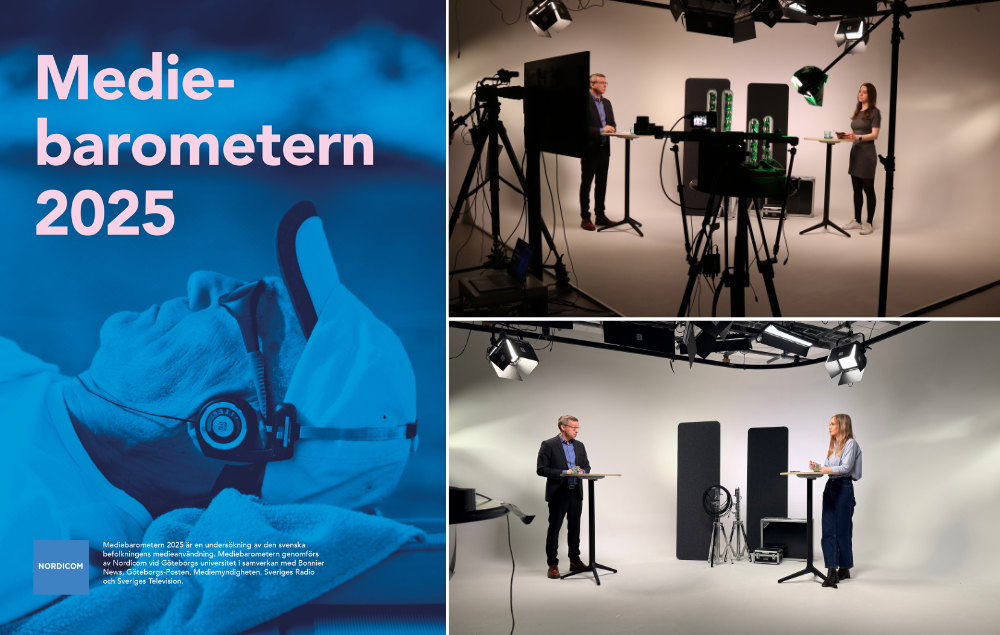 Cover Mediebarometern 2025, images from the recording of the seminar in a studio. 