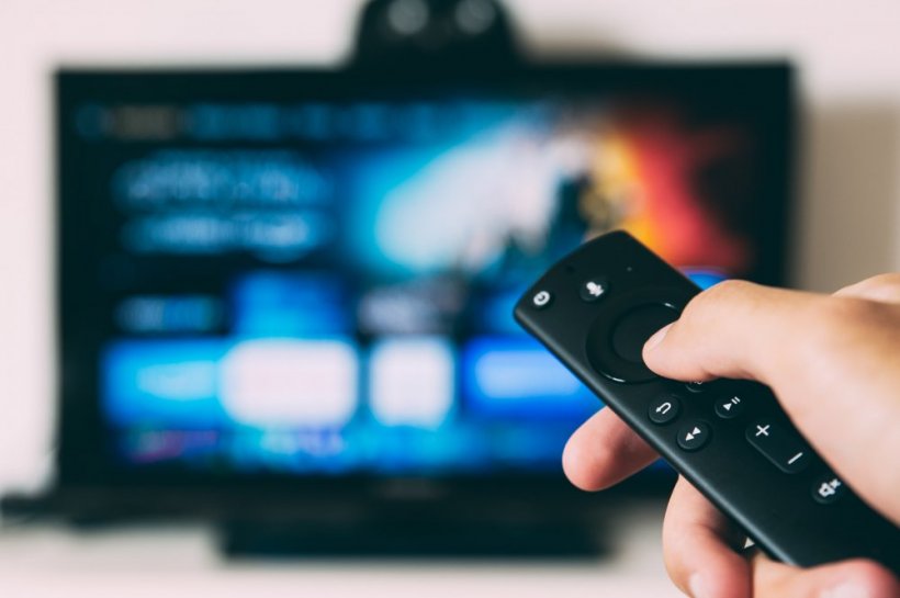 A hand is holding a remote control in front of a television