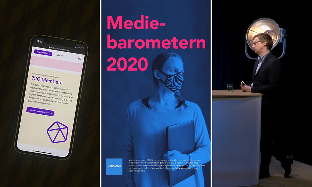 3 bilder: En mobiltelefon som visar NordMedia Network. Omslaget till Mediebarometern 2020. Webbinariet om Mediebarometern 2020.