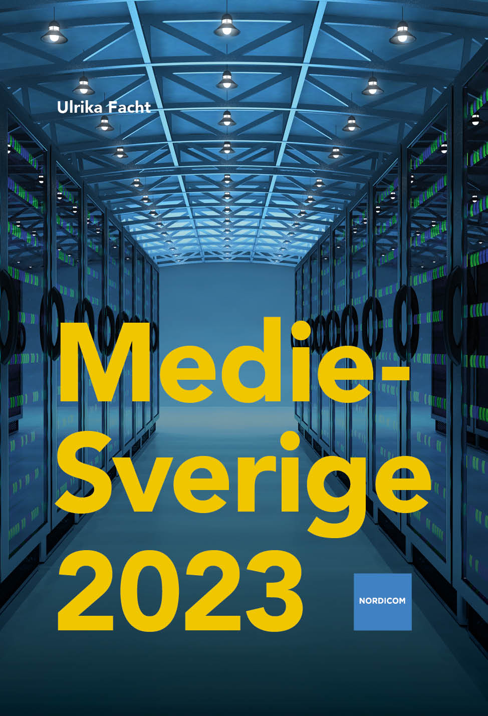 Cover of MedieSverige 2023. Server room with blue lighting.