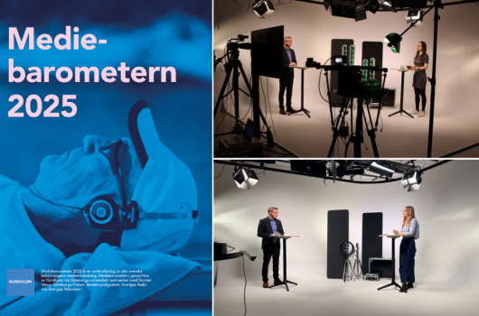 Omslag Mediebarometern 2025, bilder från inspelning av seminariet i studio