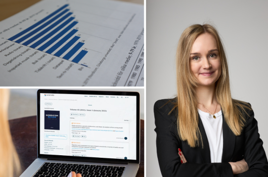 Media Barometer graph, computer with Nordicom Review and Nora Theorin