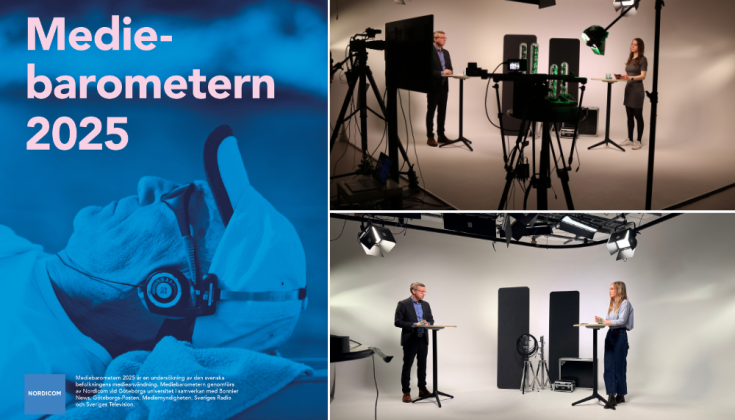 Cover Mediebarometern 2025, images from the recording of the seminar in a studio. 