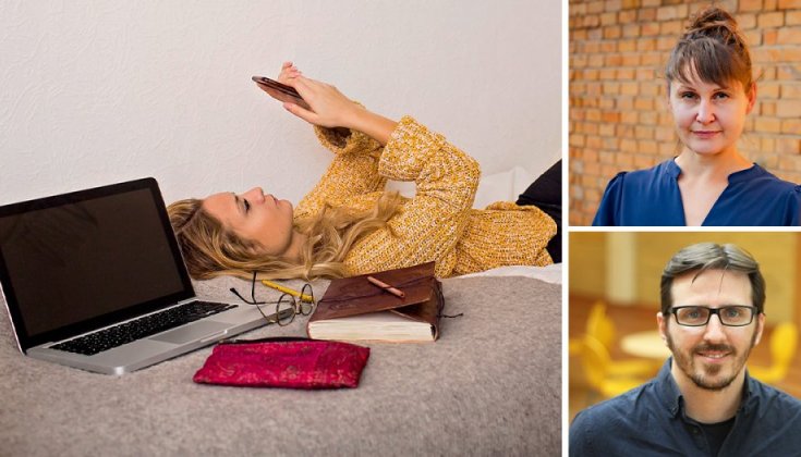 Ung tjej på en säng med en dator och mobiltelefon, samt bilder på artikelförfattarna Marju Himma-Kadakas och Raul Ferrer-Conill.