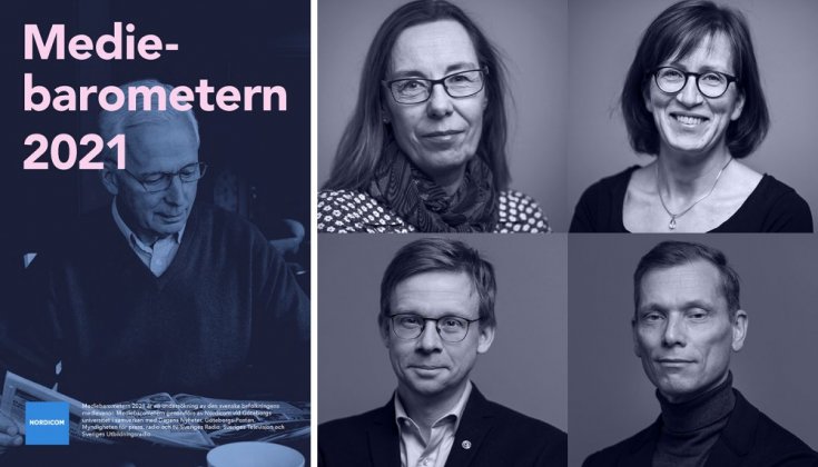 Omslaget av Mediebarometern 2021 samt bilder på talare.