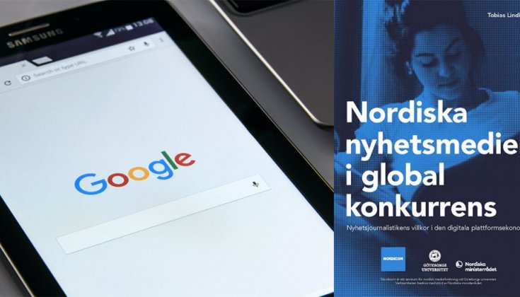 Två bilder: En Ipad som visar Googles startsida och omslaget till Nordiska nyheter i global konkurrens.