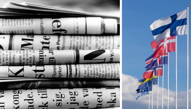 Två bilder: En tidningshög och de nordiska flaggorna.